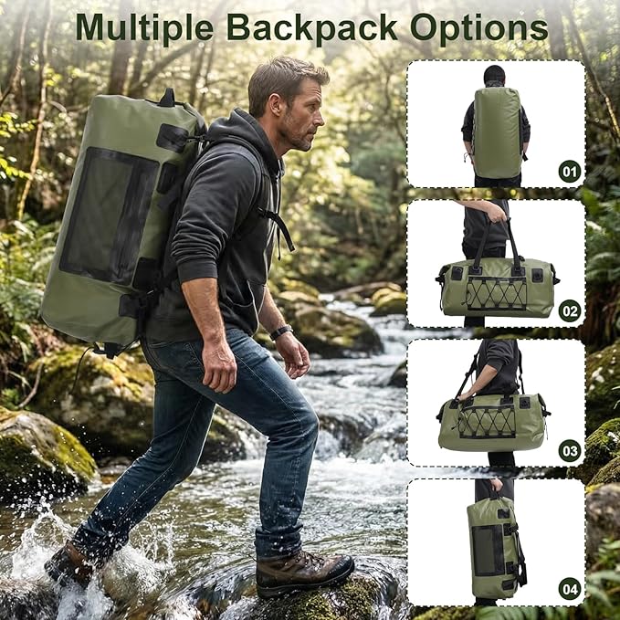 Waterproof Duffel Bag, 70L Large Motorcycle Dry Backpack, Heavy-Duty Roll Top Waterproof Luggage Duffle Bags with Straps & Handles, Waterproof Gear Bag for Kayaking, Rafting, Camping, Motorcycle