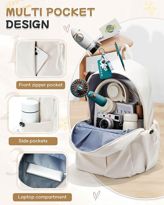 SEAFEW Beige School Backpack for Girls Women Waterproof High School Book Bag Cute Backpack for Men Teens Boys, Lightweight Simple Middle School Back Pack Daypack