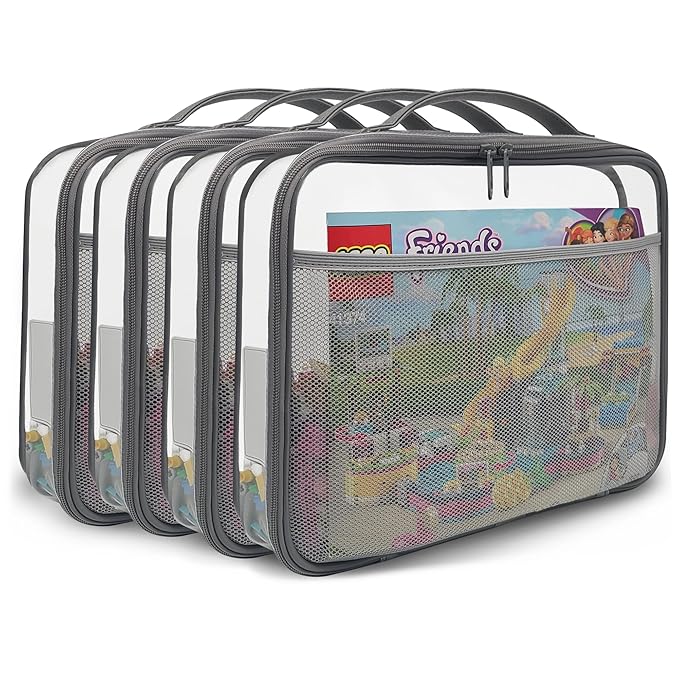 holay 4 Packs Large PVC Toy Storage Organizer with Zipper, Name Tag & Manual Pocket, Clear Durable Case for Blocks, Clay, Board Games, Travel (Gray, Large)