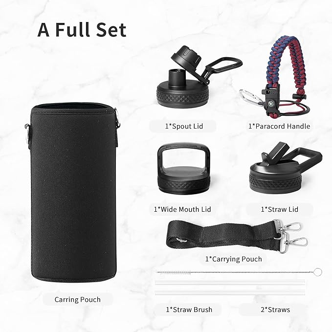 Trebo 32oz Water Bottle Insulated with Paracord Handle and Straw,Vacuum Triple Wall Stainless Steel Water Jug Keep Cold 48 Hours, Water Flask with 3 Lids for Men Women Sports,Travel,Ruby Red
