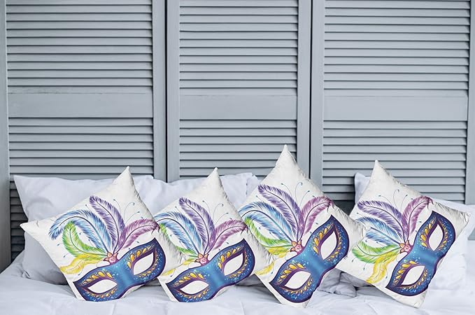 Ambesonne Mardi Gras Throw Pillow Cushion Case Pack of 4, Blue Ornate Venetian Festival with Feathers Masquerade Parade Preparations, Modern Accent Double-Sided Digital Printing, 20", Blue