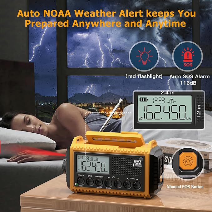 Eoxsmile NOAA Emergency Weather Radio - 5000mAh Solar/Hand Crank/Battery AM/FM/SW with USB Charger, LED Flashlight & SOS Alert, Clock, Portable Survival Radio for Power Outage, Hurricanes, Camping