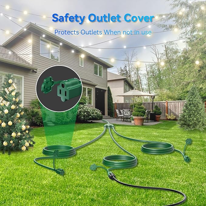 K KASONIC - 25FT Outdoor Extension Cord 1 to 3 Splitter, 3 Prong Outlets Plugs with Safety Covers, Weatherproof Extension Cord for Christmas Decorations, 16/3 SJTW, ETL Listed, Green