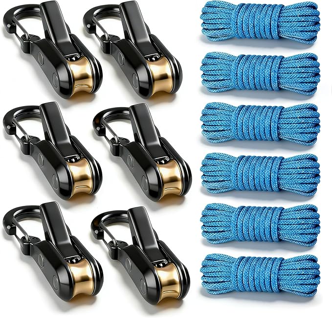 Rope Tightening Tool & Tensioner:6 Pack Rope with Roller Tensioner for Easy and Secure Tying,Heavy Duty Retractable Buckle with Accessory Cord for Camping Boating Home Storage Outdoor Use (Black 6)