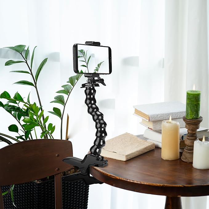 Gooseneck Phone Holder Flex Clamp Clip Mount with Flexible Jaws for Desk, Pole, or Mobile Stand Adjustable Compatible with iPhone 14, 13 Pro, XS Max, XR, X, 8, 7, 6, 6s Plus and Other 4-7'' Device