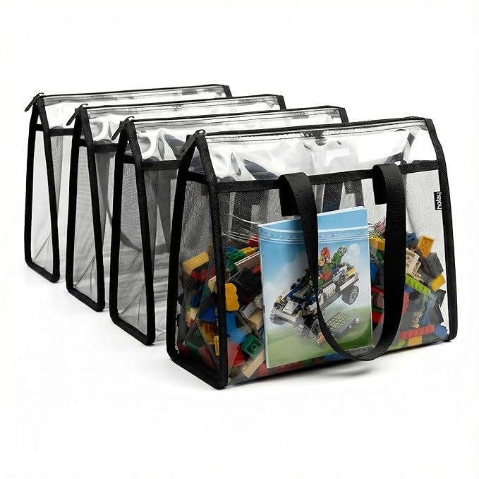 HOLAY 4 Pack Clear Toy Storage Bags with Handle –Playroom Organizer Bins for Kids Toys, Board Games, Busy Bags, and Homeschool Supplies, Transparent PVC Front & Reinforced Base (Black, X-Large)