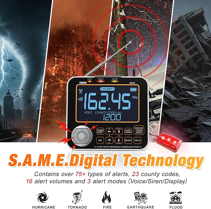 NOAA Weather Alert Radio for Home - S.A.M.E. Localized Programming, 23 Country Codes & 75+ Emergency Alerts NOAA Weather Radio with Battery Backup External Antenna and Warning Light for Home