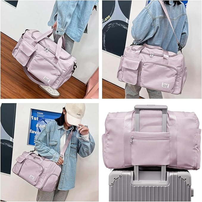 Suruid Travel Duffel Bag with Shoes Compartment Sports Gym Bag with Dry Wet Separated Pocket for Men and Women, Overnight Bag Weekender Bag Training Handbag Yoga Bag - Brown Pink
