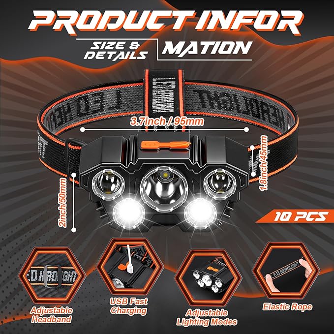 10 Pack Rechargeable Headlamp, USB Rechargeable LED Head Lamp Bulk, 4 Mode 90° Angle Adjustable Focus Head Lights for Forehead, Waterproof Headlamps for Adult Outdoor Camping Hiking Fishing Hunting