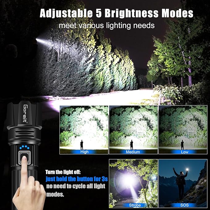 Goreit Super Bright LED Flashlight - 30W Output for 50000 Lumens & 3937ft Beam, USB-C Rechargeable with 12H Runtime, IP67 Waterproof Powerful Handheld Linternas for Home, Camping, Hiking, Emergency