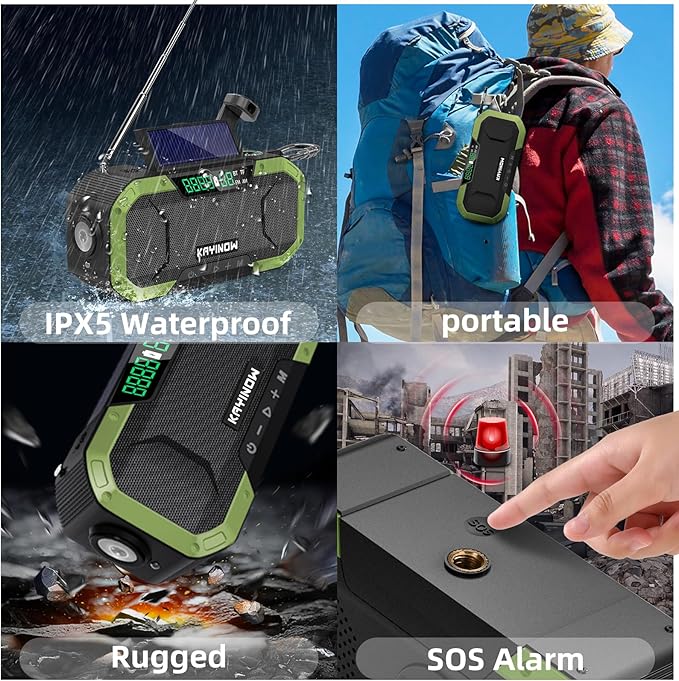 Hand Crank Solar Power Emergency Radio with Waterproof Bluetooth Speaker,Portable AM FM NOAA Weather Radio,5000mAh/18500mWh Rechargeable, Phone Charger,Flashlight,SOS,Survival Storm Camping