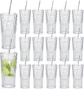 16 Set 20oz Vintage Plastic Tumbler with Lids and Straws Ribbed Floral Drinking Glasses Reusable Iced Coffee Cups for Water Juice Smoothie Cocktail Travel Party Events Gift (Clear)