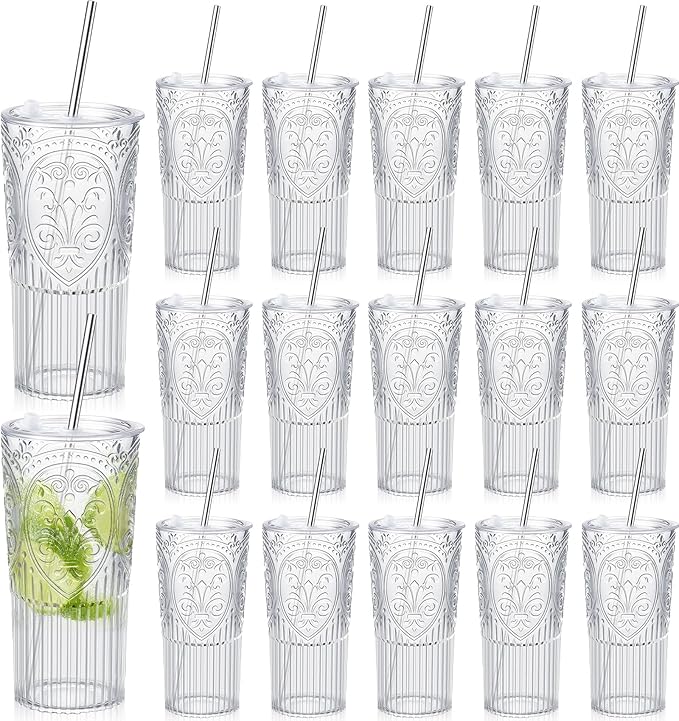 16 Set 20oz Vintage Plastic Tumbler with Lids and Straws Ribbed Floral Drinking Glasses Reusable Iced Coffee Cups for Water Juice Smoothie Cocktail Travel Party Events Gift (Clear)