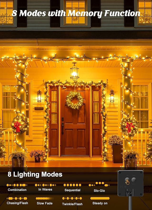 Brightown 2 Pack Solar String Lights Outdoor Waterproof, 80FT 200 LED Solar Powered Christmas Lights with 8 Modes, Auto On/Off, Patio Lights for Outside Tree Garden Balcony Party Decor (Warm White)