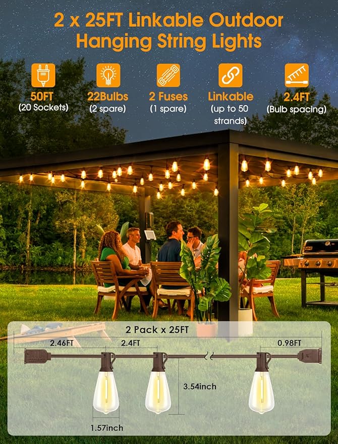 Larkvue 50FT(2x25FT) Outdoor String Lights, Patio Lights with 20+2 LED Dimmable Waterproof ST38 Vintage Shatterproof Bulb for Bistro Cafe Fence, Brown