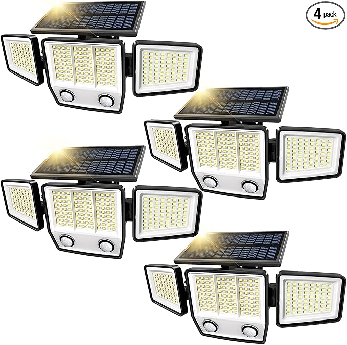 MDCMDCM Solar Motion Sensor Outdoor Lights Waterproof - 3000LM 3 Modes Security Lights Outdoor 270° Illumination IP65 LED Solar Flood Wall Light for Garden Yard Patio Pathway (Modern, 4)