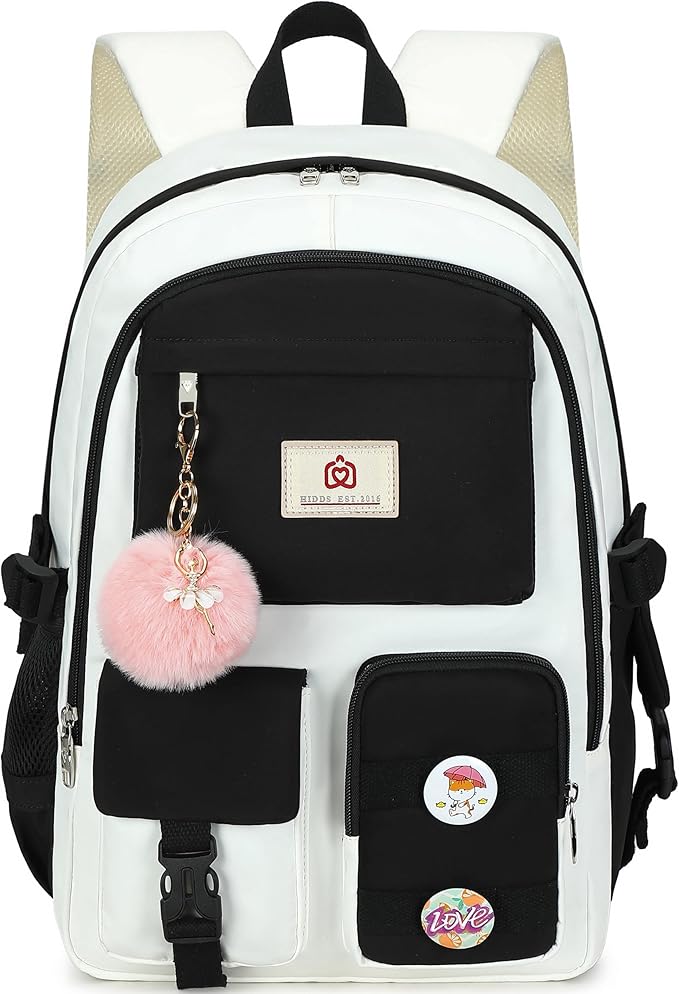 Hidds Laptop Backpacks 15.6 Inch School Bag Elementary Middle High College Backpack Cute Bookbags Anti Theft Travel Back Pack Casual Daypack Kids Book Bag for Teens Girls Women Students-Black Beige