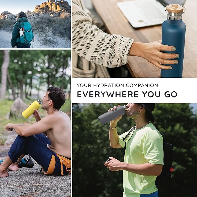 Bambaw 16 oz Metal Water Bottle, Insulated Stainless Steel Water Bottle, Fits in Cup Holder, Great for Hiking & Travel, Made of High-Grade Stainless Steel, Refillable & Reusable (Stormy Gray)