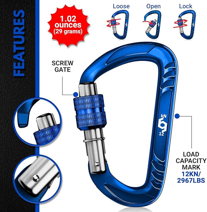 Rhino Produxs 12kN (2697 lbs) Heavy Duty Carabiner Clips, for Securing Pets, Outdoor, Camping, Hiking, Hammock, Dog Leash Harness, Keychains