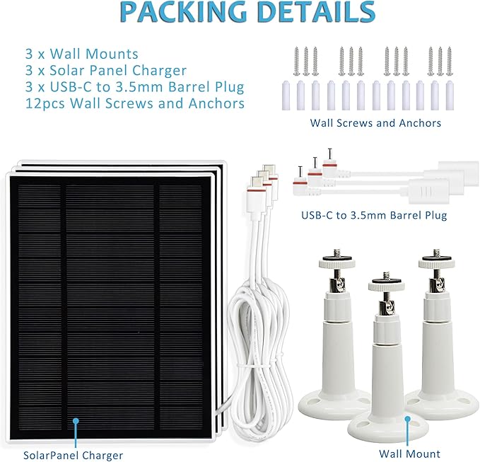 Solar Panel Charger Compatible with Ring Stick Up Cam/Pro,Ring Spotlight Cam Plus/Pro,with USB-C to Barrel Plug Adapter (3PACK)