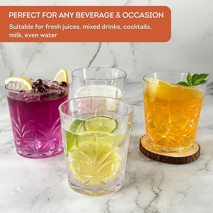 Lily's Home Unbreakable Premium Drinking Glasses Set of 4, Plastic Cups, Reusable Drinkware, Tumblers Water Cups, Shatterproof & Stackable, Indoor & Outdoor, 3.5in×3.9in, 13.5oz. Made in Taiwan.