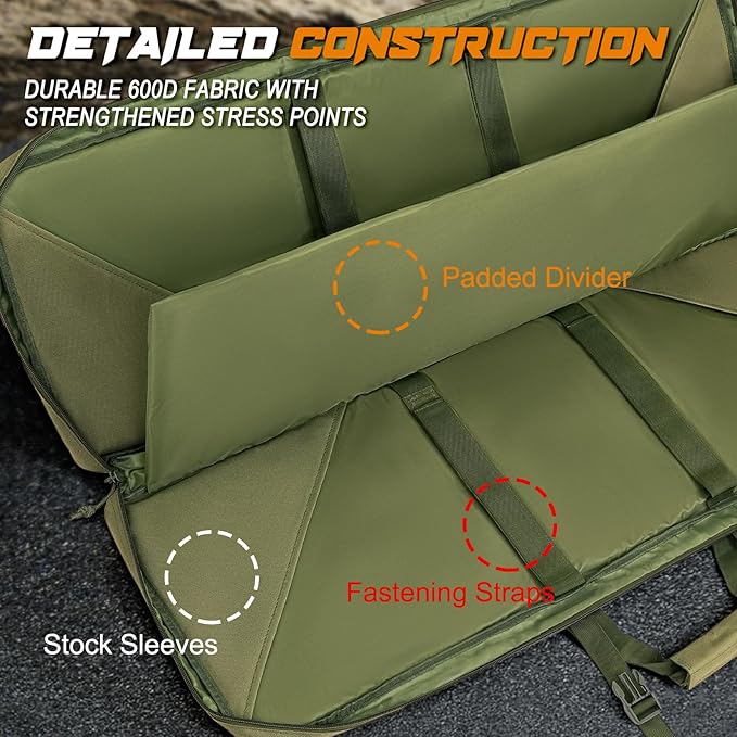 DULCE DOM 36 42 48 Inch Double Rifle Case, Tactical Soft Padded Backpack for Hunting & Shooting Range, Heavy-Duty Storage Gun Bag for 2 Rifles & Pistols with Lockable Zippers & MOLLE System