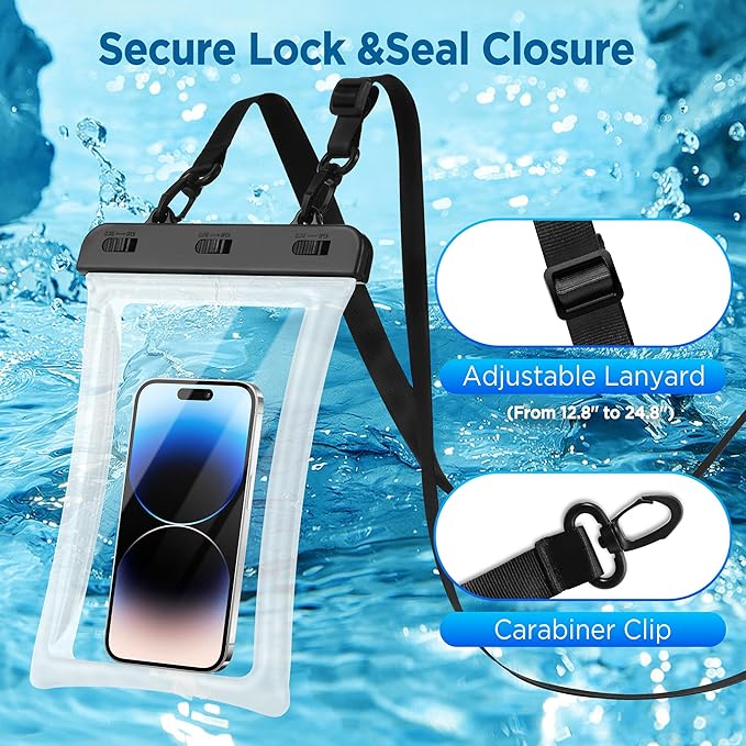 CACOE [Floatable Floating Universal IPX8 Waterproof Phone case 2 Pack-Up to 10.0",Adjustable Lanyard Phone Pouch,Dry Bags for Vacation Beach Pool Kayak Cruise Travel Essentials（Black+Black-#2）