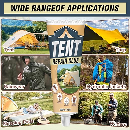 Tent Repair Glue Seam Sealer, Waterproof Flexible Tent Repair Kit, Tent Seam Sealer for Tents, Jackets, Sleeping Pads, Awning and Outdoor Fabric, Repairs Tears in Nylon, Canvas, and Vinyl