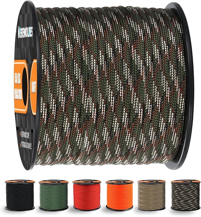WEREWOLVES 650lb Paracord/Parachute Cord - 9 Strand Paracord Rope - 100', 200' Spools of Parachute Cord, Type III Paracord for Camping, Survival