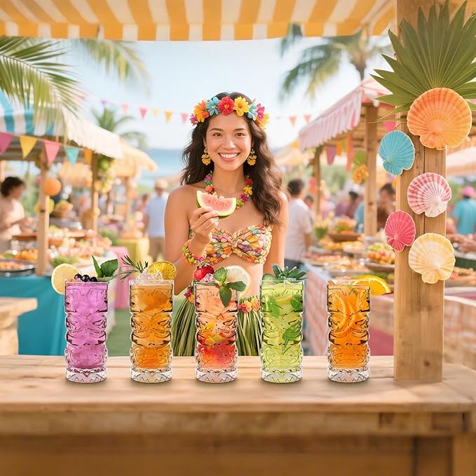Hacaroa 8 Pack 17 Oz Plastic Tiki Cups, Clear Tiki Cocktail Mug Luau Cup Hawaiian Party Drinking Tumblers for Lemonade, Mixed Drinks, Halloween, Modern Bar, Picnic, Restaurant Supplies