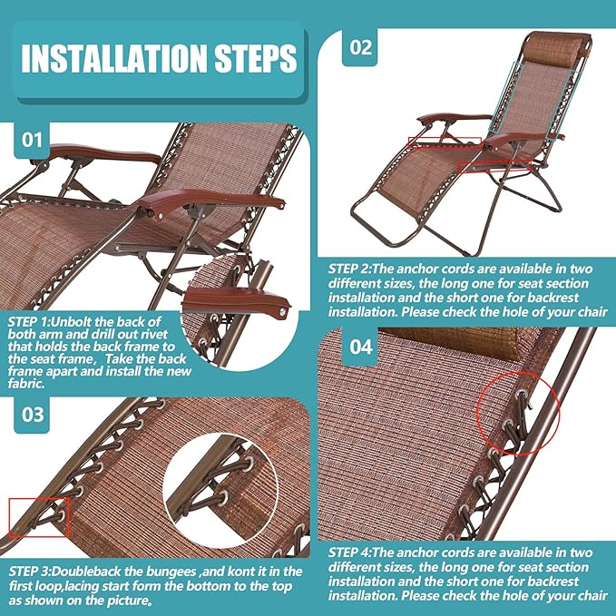 Queekay Chair Replacement Fabric with 4 Bungee Cord Lounge Chair Cloth Mesh Repair Kit for Patio Recliner Outdoor Lawn Pool(63 x 17 Inch,Brown)