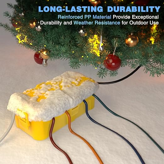 Flemoon Medium Outdoor Electrical Box (11.5x5.2x4 inch), IP54 Waterproof Extension Cord Cover w/6 Cable Entry Ports, Weatherproof Connection Box for Power Strip, Timer, Plug, Holiday Lights, Yellow