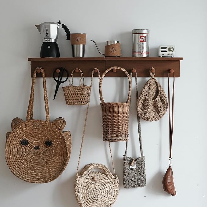 Entrance Coat Rack ，Coat Hooks, Wall-Mounted Wooden Hook Rack, Wall-Mounted Shelves are Very Suitable (Teak Color Finish—A-2)