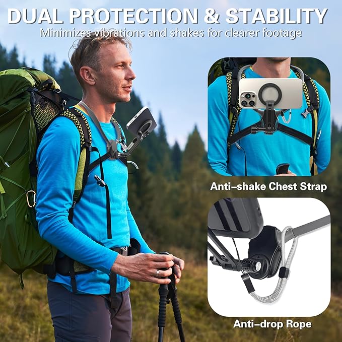 Beviliu Magnetic Neck Phone Holder for Recording, Hands Free POV/Vlog Neck Mount with Chest Strap, Video Filming for Cooking/Riding, Content Creator for iPhone 16 15 14 13 12 Android GoPro Insta360
