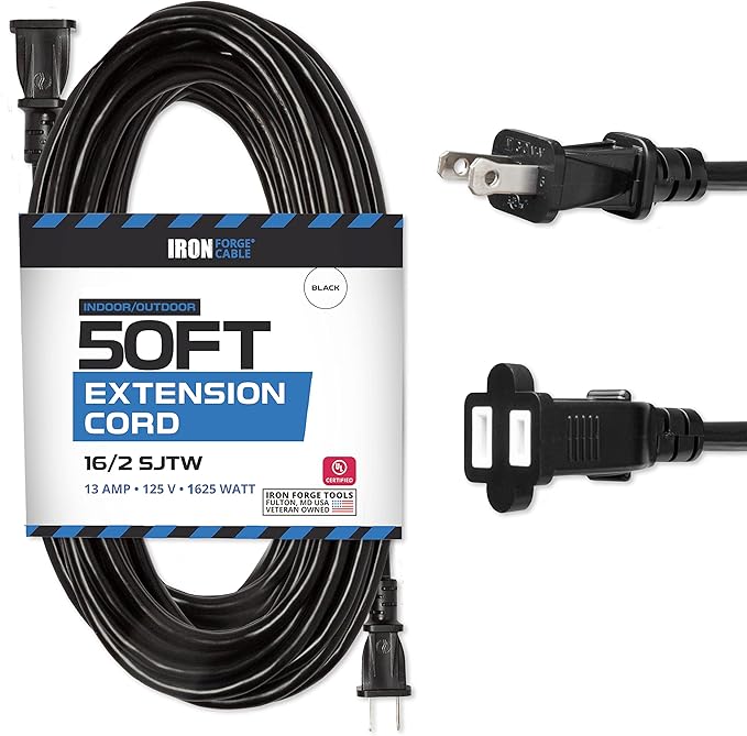 Iron Forge Cable 50 Ft Black Extension Cord, 16/2, 50 Foot Extension Cord with 2 Prong Polarized Plug, Weatherproof - Great for Outdoor & Indoor Use