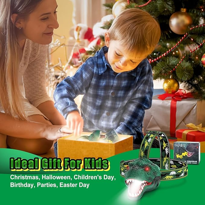 Nitigo Dinosaur Headlamp for Kids Flashlight Rechargeable Led Dino Head Lamp Roar & Silent Mode, T-Rex Dinosaur Toys for Kids 3 4 5 6 7 8, Camping Gear, Easter Gifts for Boys Girls Adults