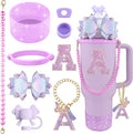 9PCS Purple for Stanley Cup Accessories Set Bling Initials Bow Charms for Stanley Decorations 30/40 Oz Tumbler Accessories Including Bow Straw Topper, Handle Strap, Spill Stopper（Letter A）