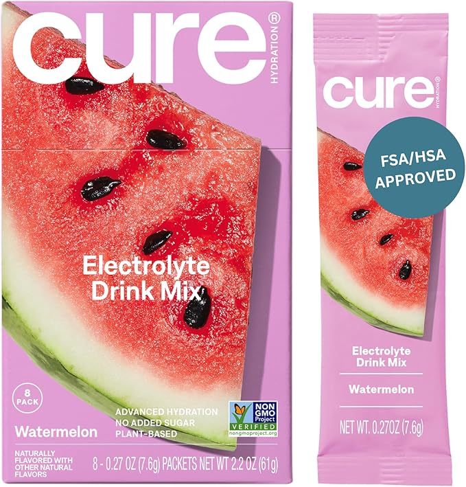 Cure Hydration | Plant-Based Electrolyte Drink Mix | No Added Sugar | FSA-HSA | Dehydration Relief Powder Made with Coconut Water | Non-GMO | Vegan | Box of 8 Packets - Watermelon