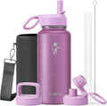 Coolflask Water Bottle 32 oz Insulated with Straw, Stainless Steel Metal 3 Lids Water Flask Wide Mouth for Sports or Office, Non-BPA Keep Cold Up to 48 Hrs or Hot Up to 24 Hrs, Glitter Pink