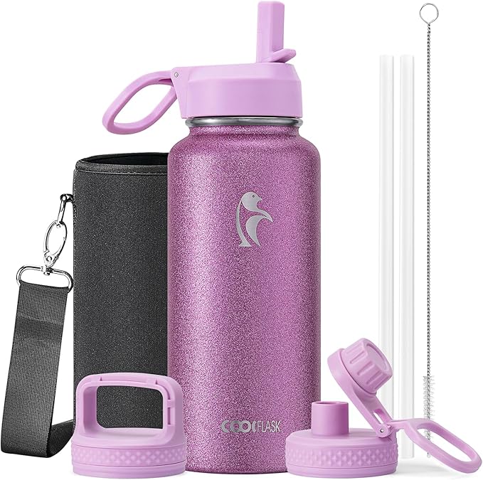 Coolflask Water Bottle 32 oz Insulated with Straw, Stainless Steel Metal 3 Lids Water Flask Wide Mouth for Sports or Office, Non-BPA Keep Cold Up to 48 Hrs or Hot Up to 24 Hrs, Glitter Pink
