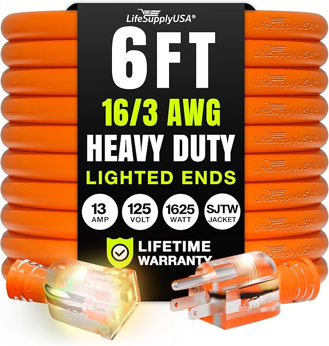 6ft Outdoor/Indoor Extension Cord 16/3 Gauge Heavy Duty 3 Prong SJTW, Waterproof, Flexible Cold-Resistant Long Power Cord,13A 125V 1625W, Orange by LifeSupplyUSA
