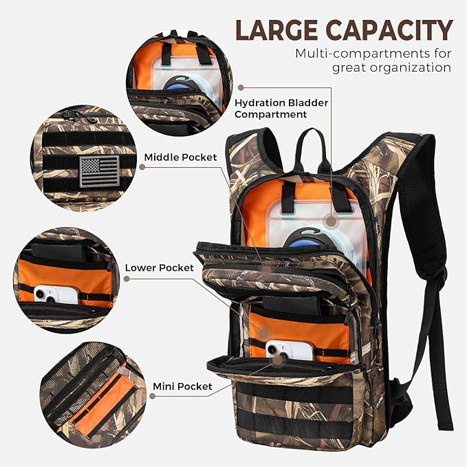 Koculemi Tactical Hydration Backpack with 2L Water Bladder and Front Small Tactical Pouch, Outdoor Water Backpack for Men Women, Sports Hydration Pack for Hiking, Cycling, Climbing