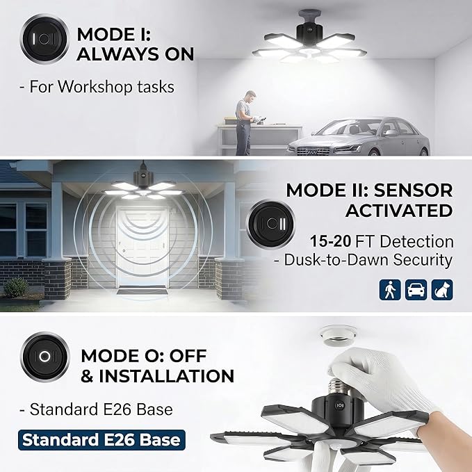 BRAINIAC Motion Sensor Garage Light with 3 Switch Modes, E26/E27 Screw in Garage Lights Ceiling LED Motion Activated for Garage/Shop/Porch-150W 15000LM 6000K