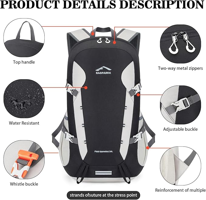 BAGPARKK Hiking Backpack,Large 35L Travel Backpacks for Men Women,Water Resistant Ultra Lightweight Foldable Packable Camping Daypack for Outdoor Sports