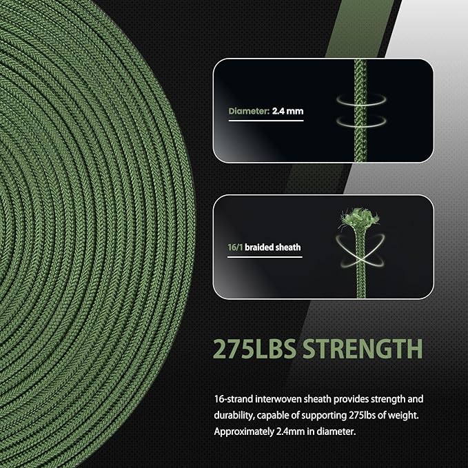 Abma Cord 2.4mm Paracord 275 100ft Nylon Rope 4 Strands Tactical Parachute Cord - Max. 275lbs - Forest Green