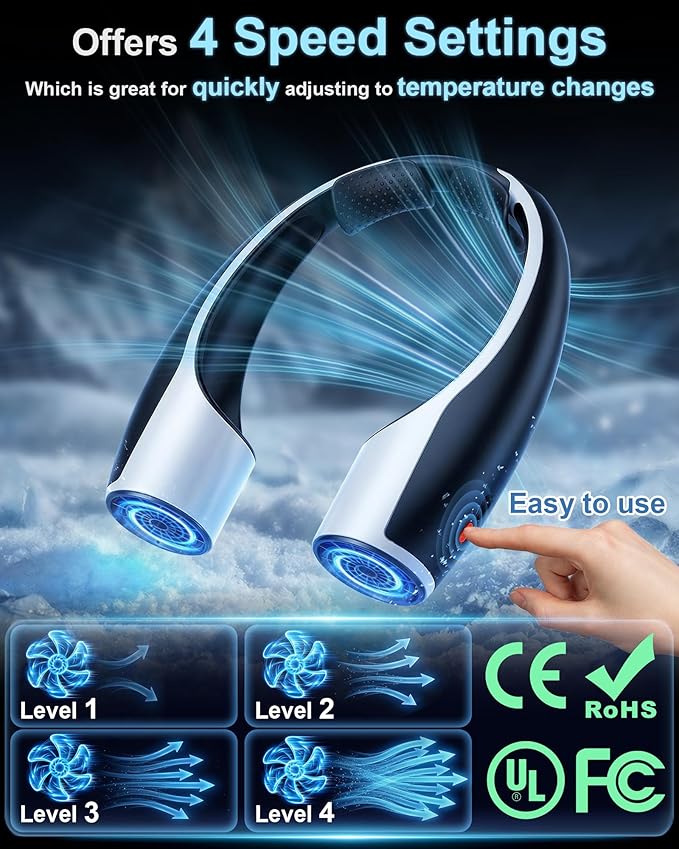 Rohent Portable Hands-Free Neck Fan - 4000mAh Battery, USB-C Rechargeable, Ultra-Quiet, 4 Adjustable Speeds – Perfect for Office, Outdoor, and Travel Use