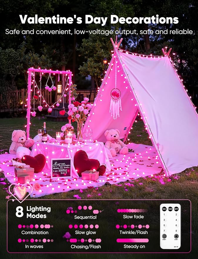 Minetom Globe String Lights, 33 Feet 100 Led Fairy Lights Plug in, 8 Modes with Remote Mini Globe Lights for Indoor Outdoor Bedroom Party Wedding Garden Christmas Tree Decor, Pink