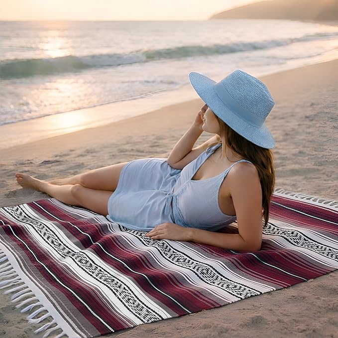 Mexican Blanket (Authentic Handmade Falsa) - Durable, Lightweight Baja Indian Blanket for Yoga, Beach, Camping, Picnic, Car/Truck, Outdoor Mexican Throw, Baja Saddle Blanket, 70"x50", Cherry