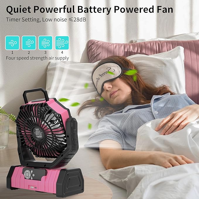 20000mAh Camping Fan Battery Operated Fans Portable,Portable Rechargeable Battery Powered Fan with LED Light,360°Oscillating & 8H Timer Camping Essentials Fans with Hook pink fan