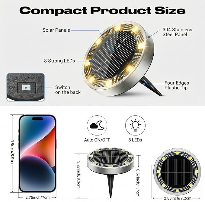 Peasur Solar Ground Lights Outdoor, 8 Pack Flat Solar Powered Disc Lights, IP68 Waterproof, Anti-Rust, Landscape Lighting for Pathway Garden Yard Lawn Walkway Landscape Driveway, Mini, Warm White